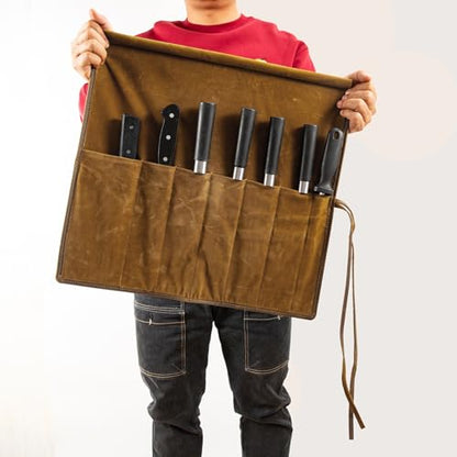 Genuine Leather Knife Roll, Knife Bags for Chefs Professional, Small Chef'S Knife Case Holder, Knives Holders Protectors with 7 Slots - color: 7 Slots Dark brown