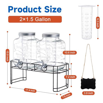 1.5 Gallon Glass Drink Dispensers for Parties, 2PACK Beverage Dispenser with Stand, Ice Cylinder and Stainless Steel Spigot 100% Leakproof, Beverage Dispenser for Lemonade Sun Tea
