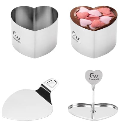 2pcs Seamless Cake Ring Heart Shaped Mousse Baking Mould Stainless Steel Food Mold Including 2 heart-shape rings, 1 Pusher and 1 Lifter - size: heart-shape (2-ring-set)