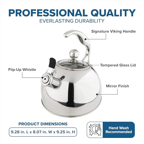 Viking 3-Ply Stainless Steel Tea Kettle, 2.6 Quart Stovetop Hot Water Pot with Tempered Glass Lid, Ergonomic Handle, Induction Ready, Mirror Finish - color: Mirror Finish