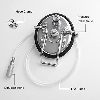 Corny Carbonation Keg Lid, Cornelius Soda Keg Lids for Quick Forced Carbonation, Ball Lock Keg Lid with Diffusion Stone, Pressure Relief Valve, Clamp and Tube for Homebrew Beer and Beverage