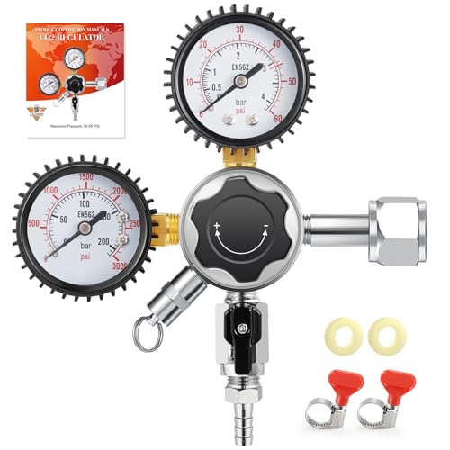 MRbrew 0-60PSI CGA-320 Keg CO2 Regulator with 5/16" Barbed Outlet | 0-3000 PSI Tank Pressure, Beer Regulator, Co2 Tank Pressure Regulator with Safety Pressure Relief Valve - size: One Output Barb - Mildly Carbonated