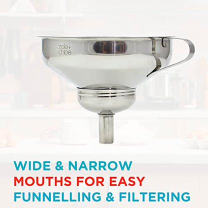 Zoie + Chloe 3-in-1 Stainless Steel Funnel Set - Kitchen Funnels with Detachable Fine Mesh Filter & Strainer for Filtering Herbs, Food Bits - Durable Stainless Steel - Ease to Use, Dishwasher Safe