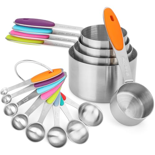 Measuring Cups and Spoons Set of 13 with Silicone Handle, Stainless Steel Nesting Measuring Cups and Spoons For Baking & Cooking (Colorful)