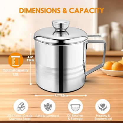 Chihee Grease Container 1.2L / 40 fl oz Stainless Steel Fine Mesh Strainer | Easy Clean Bacon Grease Saver Container Can with Dust-proof Lid Non-slip Tray for Kitchen Storing Frying Cooking Grease - color: Silver(1.2L)