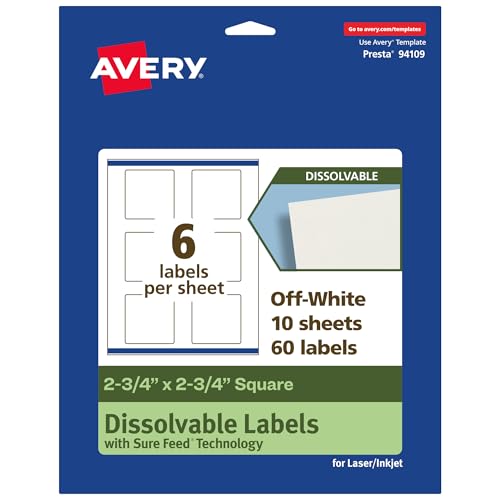 Avery Dissolvable Square Labels, Sure Feed Technology, 2.75" x 2.75", Matte White, Print-to-The-Edge, Laser/Inkjet Printable, 60 Labels Total - style: 60 labels