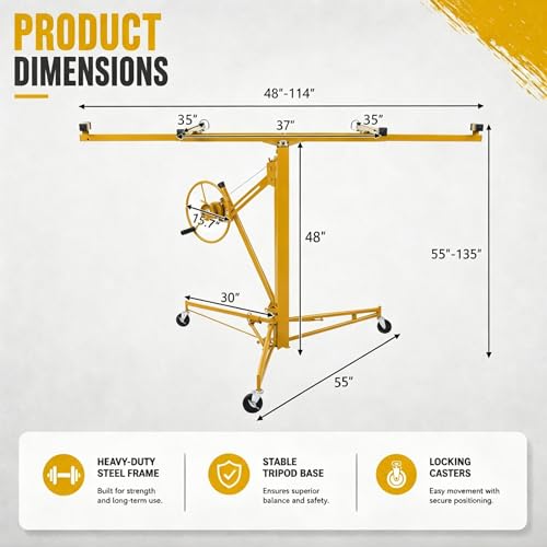Winado 11 ft Drywall Lift Panel Rolling Hoist Jack Lifter for Sheetrock | Drywall Lifting Construction Tool with Caster Wheels and Adjustable Telescopic Arm, Yellow - color: Yellow, size: 11 ft