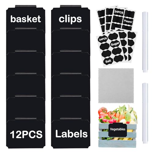Basket Labels Clip Set - 12 Removable PVC Bin Label Holders with 2 Chalk Markers - Kitchen Clip Labels for Storage Baskets, Boxes, and Containers - style: Rectangular 12