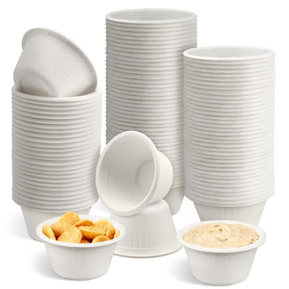 LeonBach 100 Pack Natural Bagasse Fiber Bowls 2oz Disposable Paper Cups Microwavable Safe Sample Snack Charcuterie Serving Cups Disposable Ramekins for Sauce Portion Condiment Ice Cream, White - color: White, style: 2oz-100 Pack