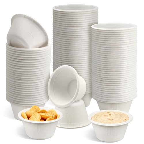 LeonBach 100 Pack Natural Bagasse Fiber Bowls 2oz Disposable Paper Cups Microwavable Safe Sample Snack Charcuterie Serving Cups Disposable Ramekins for Sauce Portion Condiment Ice Cream, White - color: White, style: 2oz-100 Pack