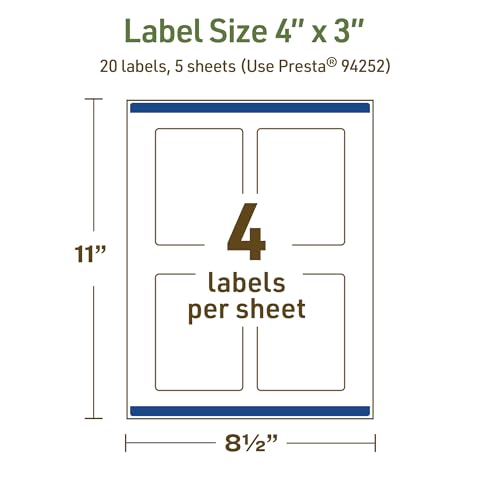 Avery Dissolvable Rectangle Labels, Sure Feed Technology, 4" x 3", Matte White, Print-to-The-Edge, Laser/Inkjet Printable, 20 Labels Total - style: 20 labels