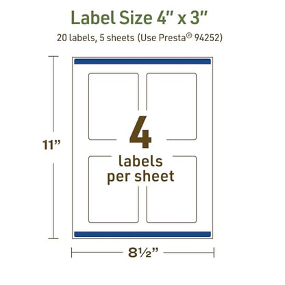 Avery Dissolvable Rectangle Labels, Sure Feed Technology, 4" x 3", Matte White, Print-to-The-Edge, Laser/Inkjet Printable, 20 Labels Total - style: 20 labels
