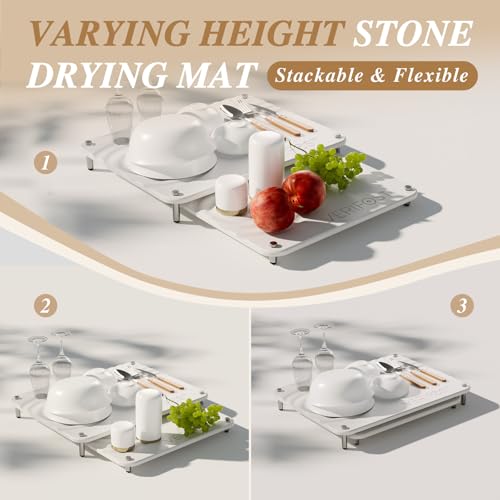 Pearl White 2Pcs Large Stone Dish Drying Mat with Acacia Wood Holder Stand for 1 Inch Cutting Board and Stone Drying Mat for Kitchen Counter Quick Dry Diatomaceous Earth Mat for Kitchen Counter - color: Acacia Holder Pearl