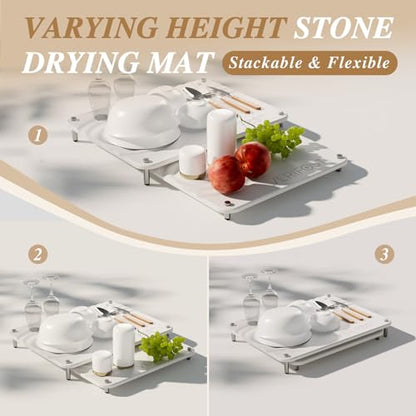 Pearl White 2Pcs Large Stone Dish Drying Mat with Acacia Wood Holder Stand for 1 Inch Cutting Board and Stone Drying Mat for Kitchen Counter Quick Dry Diatomaceous Earth Mat for Kitchen Counter - color: Acacia Holder Pearl
