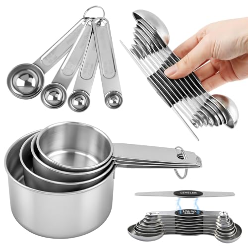 Measuring Cup and Magnetic Measuring Spoons Set, 8 Stainless Steel Nesting Measuring Cup & 8 Double Sided Stackable Magnetic Measuring Spoons & 1 Leveler for Cooking Dry & Liquid Ingredients