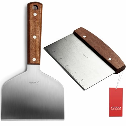 Vovoly Multipurpose Bench Scraper Kitchen Utensil for Flat Top Griddle, Dough Cutter for Bread and Pizza Dough - Stainless Steel Metal Griddle Scraper Chopper - color: Dough Cutter + Griddle Scraper