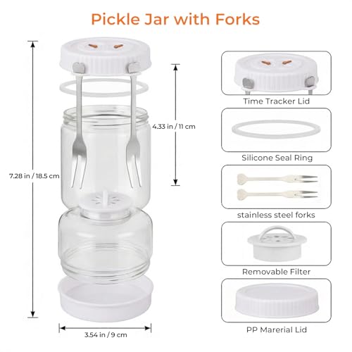 Pickle Jar with Strainer Flip, Pickle Container with Strainer with Two Forks, Airtight Glass Pickle Jar for Fermentation, Olive Jar with Date Tracker Lid, Jalapeno Container with Gas Port (White) - color: White