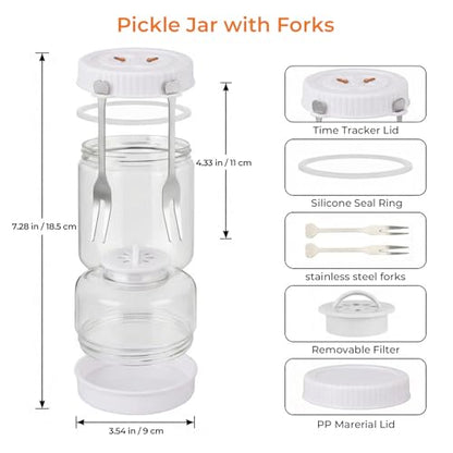 Pickle Jar with Strainer Flip, Pickle Container with Strainer with Two Forks, Airtight Glass Pickle Jar for Fermentation, Olive Jar with Date Tracker Lid, Jalapeno Container with Gas Port (White) - color: White