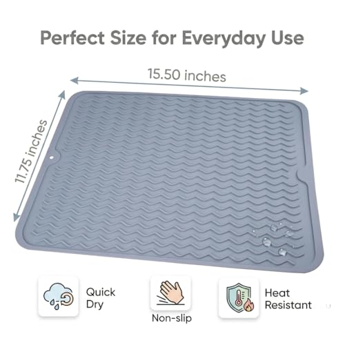 Silicone Dish Drying Mat for Kitchen Counter, Heat Resistant Dish Drainer, Easy to Clean Eco-Friendly Sink Liner, Non-Slip Drawer & Countertop Liner (16 x 12, Gray)