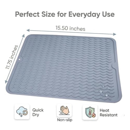 Silicone Dish Drying Mat for Kitchen Counter, Heat Resistant Dish Drainer, Easy to Clean Eco-Friendly Sink Liner, Non-Slip Drawer & Countertop Liner (16 x 12, Gray)