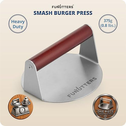 FUNUTTERS 5.5'' Smash Burger Press Patty Maker, Hamburger Smasher Tool, Heavy-Duty Stainless Steel, BBQ Grill and Flattop Griddle Accessory - Commercial Grade - size: 5.5'' with Beechwood Handle