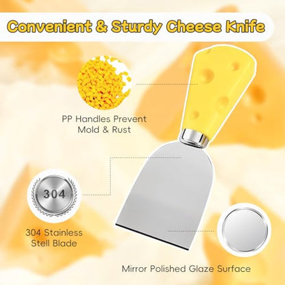 Heavy Duty Cheese Slicer for Block Cheese with 6Pcs Cheese Knife Set, Stainless Steel Cheese Cutter Board with Precise Measuring Grid and Non-Slip Feet, Dishwasher Safe
