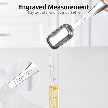 U-Taste Narrow Square Measuring Spoons: 18/8 Stainless Steel Kitchen Measure Teaspoon Tablespoon with Leveler, Polygon Rectangular Metal Jar Scoop for Baking Cooking, Coffee, Spice, Powder (Set of 6) - size: S-5+1 pcs (square)