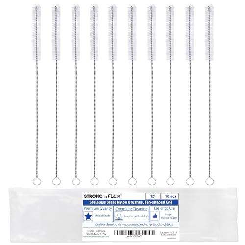 Strong 'n Flex Nylon Straw Cleaner Brushes – Fan-Shaped End for Tight Spaces, Ideal for Reusable Straws, Water Bottles, Sippy Cups & Pipes – Includes Zippered Pouch – 12" Long – Set of 10