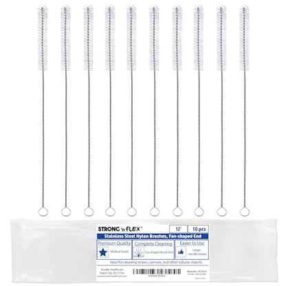 Strong 'n Flex Nylon Straw Cleaner Brushes – Fan-Shaped End for Tight Spaces, Ideal for Reusable Straws, Water Bottles, Sippy Cups & Pipes – Includes Zippered Pouch – 12" Long – Set of 10
