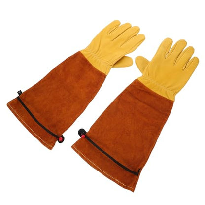 Homoyoyo 2pcs Long Sleeve Gardening Gloves Thorn-resistant Protective Gloves for Outdoor Yard Work and Beekeeping, Size L, Golden Leather Palm with Brown Cowhide Sleeve