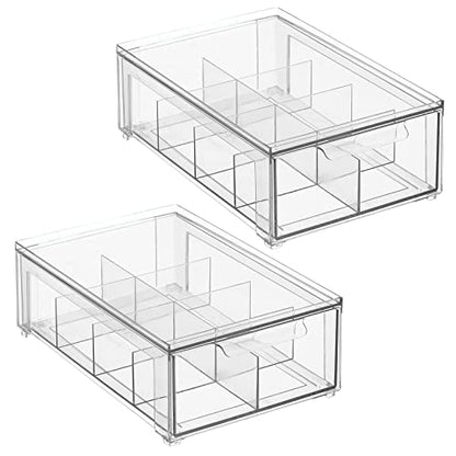 mDesign Plastic Kitchen and Pantry Organizer with Divided Drawer - Stackable Bin with 8 Sections for Tea and Snack Food - Perfect for Organizing Cabinet, Fridge - Lumiere Collection - 2 Pack - Clear
