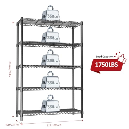IZEUK 1750 LBS Garage Shelving Wide Storage Shelves Metal Shelves Heavy Duty Adjustable Utility Shelf Rack (Black, 5 Tier, 15.7" D x 45.3" W x 70.9" H) - color: Black, size: 5 Tier, 15.7" D x 45.3" W x 70.9" H