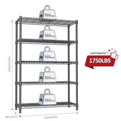 IZEUK 1750 LBS Garage Shelving Wide Storage Shelves Metal Shelves Heavy Duty Adjustable Utility Shelf Rack (Black, 5 Tier, 15.7" D x 45.3" W x 70.9" H) - color: Black, size: 5 Tier, 15.7" D x 45.3" W x 70.9" H