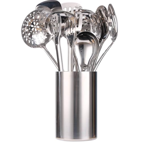 18/10 Stainless Steel Kitchen Utensils Set with Holder - 15″ Spatula Spoon Set with Storage Organizer for Countertop, Fork, Tongs, Spatula, Ladle, Skimmer, Turner, Spaghetti, Large Spoon Set of 12 - color: 12-Pieces