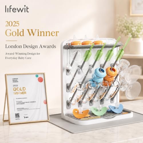 Lifewit Large Baby Bottle Drying Rack with Drain Mat & 15 Hooks, Newborn Essentials Must Haves, Bottle Storage Organizer for Countertop, Cabinet, Rack Dryer Holder for Pacifiers, Pump Parts - size: Large-15 Hooks