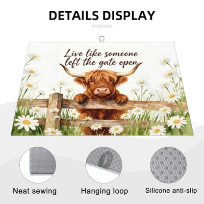 Highland Cow Dish Drying Mat, for Farmhouse Kitchen Counter Microfiber Absorbent, Funny Dish Draining Mat Extra Large 18"x24" - color: Highland Cow
