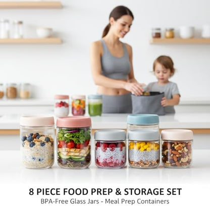 ColoVie Glass Meal Prep Jar Set, 8 Pack Overnight Oats Containers with Lids | Food Storage for Snacks, Yogurt, Spice, Salad, Chia Seed Pudding Jars, Wide Mouth Mason Jars with Airtight Lids, 16oz 10oz