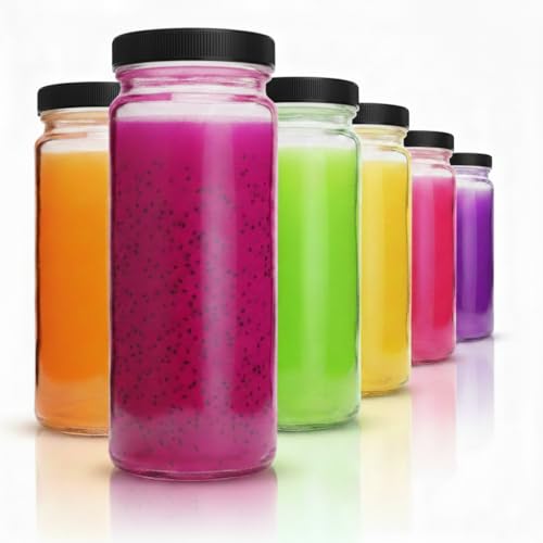 All About Juicing Clear Glass Water Bottles Set - 6 Pack Wide Mouth with Lids for Juice, Smoothies, Beverage Storage - 16 oz, Durable, Reusable, Dishwasher Safe, Leak Proof (Black Caps) - color: 16oz Black Caps