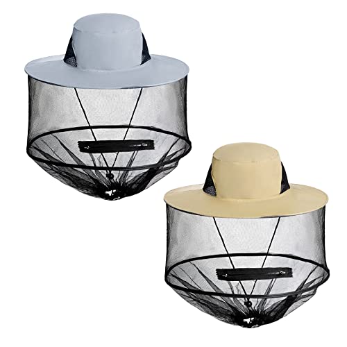 Sucrain 2 Pack Mosquito Head Net Hat Sun Hat Garden Bug Hat with Hidden Net Mesh for Outdoor Gardening Beekeeping - color: Beige + Gray, size: 5-5 3/8