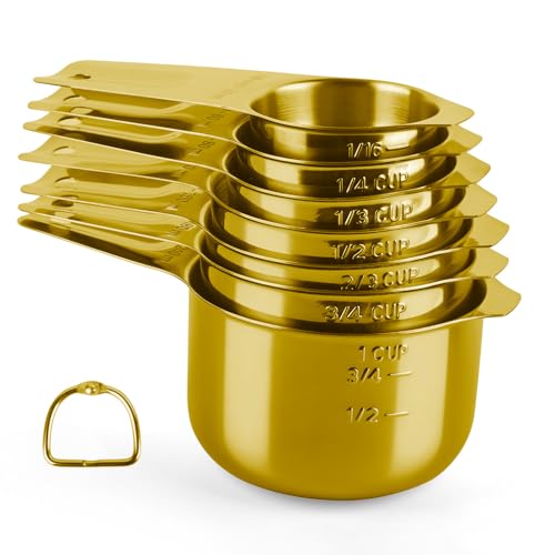 7 Pcs Gold Measuring Cups Stainless Steel, Nesting Metal Measuring Cups with Markings & Ring, Stackable Measure Cups Spoons Set for Cooking Baking Supplies, Kitchen Utensils for Dry Liquid Ingredients - color: Gold