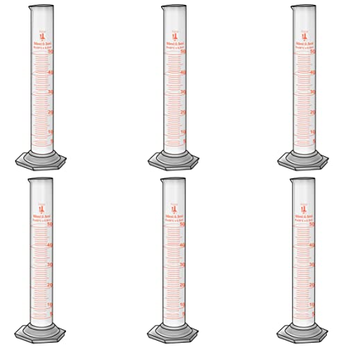 50ml Graduated Cylinder, Borosilicate 3.3 Glass, Single Metric Scale, Class B, Karter Scientific 213I41 (Pack of 6) - size: 50ml, style: Pack of 6