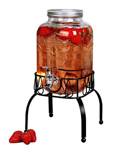 Estilo Gallon Drink Dispenser with Stand - Glass Beverage Dispenser with Stand for Weddings - Sun Tea Jar with Spigot 1 Gallon - Countertop Glass Water Dispenser for Lemonade and Parties - style: Single w/ Stand
