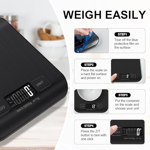 Food Scale, 11lb Kitchen Scale with 6 Units Tare Function & LCD Display, 0.05oz/1g Stainless Steel Digital Food Scale Grams and Ounces for Baking, Cooking, Dieting and Meal Prep (Black) - color: Black