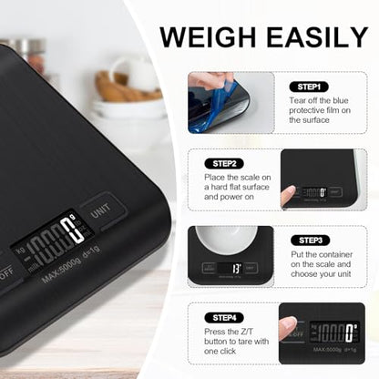 Food Scale, 11lb Kitchen Scale with 6 Units Tare Function & LCD Display, 0.05oz/1g Stainless Steel Digital Food Scale Grams and Ounces for Baking, Cooking, Dieting and Meal Prep (Black) - color: Black