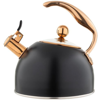 Viking 3-Ply Stainless Steel Tea Kettle, 2.6 Quart Stovetop Hot Water Pot with Tempered Glass Lid, Ergonomic Handle, Induction Ready, Matte Black and Copper - color: Matte Black and Copper