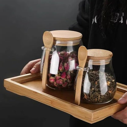Airtight glass jar storage container with bamboo lid Set of 2, wide mouth, leak-proof, With a spoon, can be used for coffee beans, tea leaves, grains, dried fruits, etc (Middle) - color: Middle