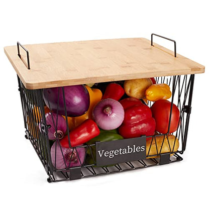 【XXL Big Size】1 Pack Stackable Wire Storage Baskets with Bamboo Lid- Pantry Cabinet Organization, Kitchen Counter Basket for Fruit Vegetable -Large Metal Bin for Pantry Organization and Storage, Black - size: 1 PACK