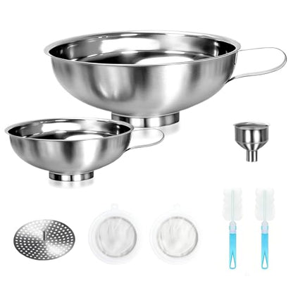 7-Piece Stainless Steel Canning Funnel Kit – Wide Mouth Mason Jar Funnels with 100/200 Mesh Strainers, Removable Filter Tip & Sponge Brushes