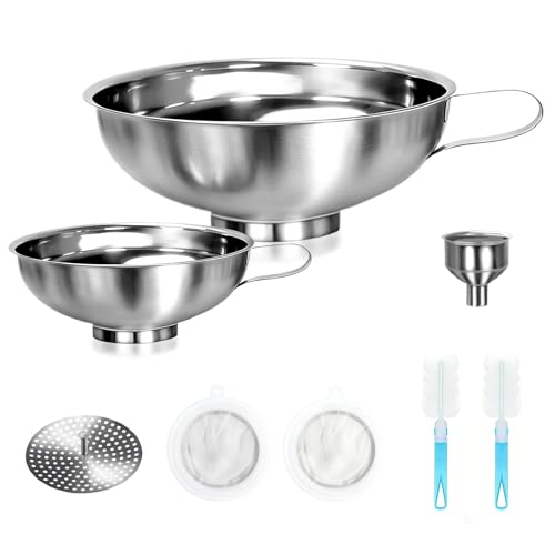 7-Piece Stainless Steel Canning Funnel Kit – Wide Mouth Mason Jar Funnels with 100/200 Mesh Strainers, Removable Filter Tip & Sponge Brushes