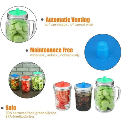 8pcs 86mm Silicone Waterless Airlock Fermentation Lid With Metal Ring For Wide Mouth Mason Jar For Sauerkraut Fermented Kitchen Tool(Blue) - color: Blue